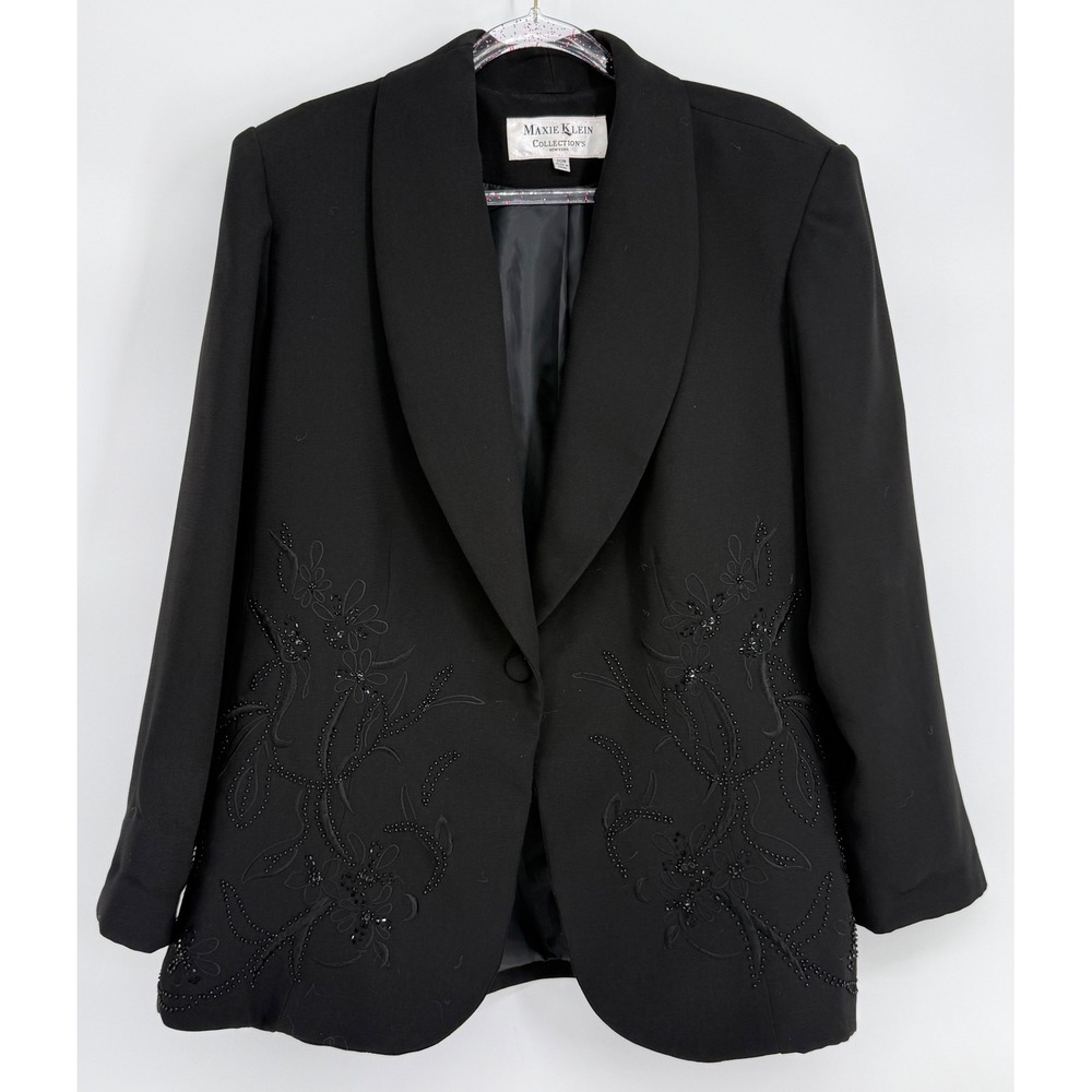 Maxie Klein Collection Black Beaded Floral Embroidered Blazer Jacket Plus Sz 20W